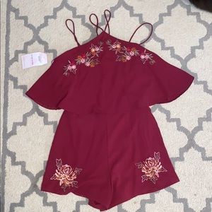 NWT Dress Up Maroon Romper with Floral Embroidery